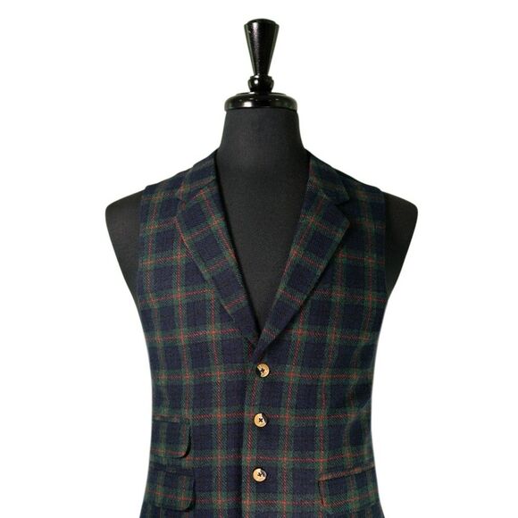 Mens 42R Wool Vest Navy Green Red Tartan Plaid Waistcoat Formal Wedding Party - Picture 4 of 10
